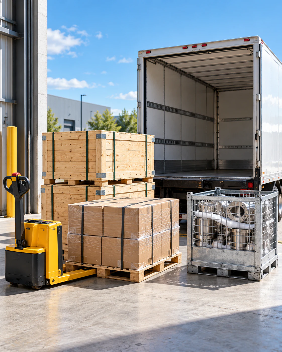 A consolidated industrial shipment prepared for coordinated delivery