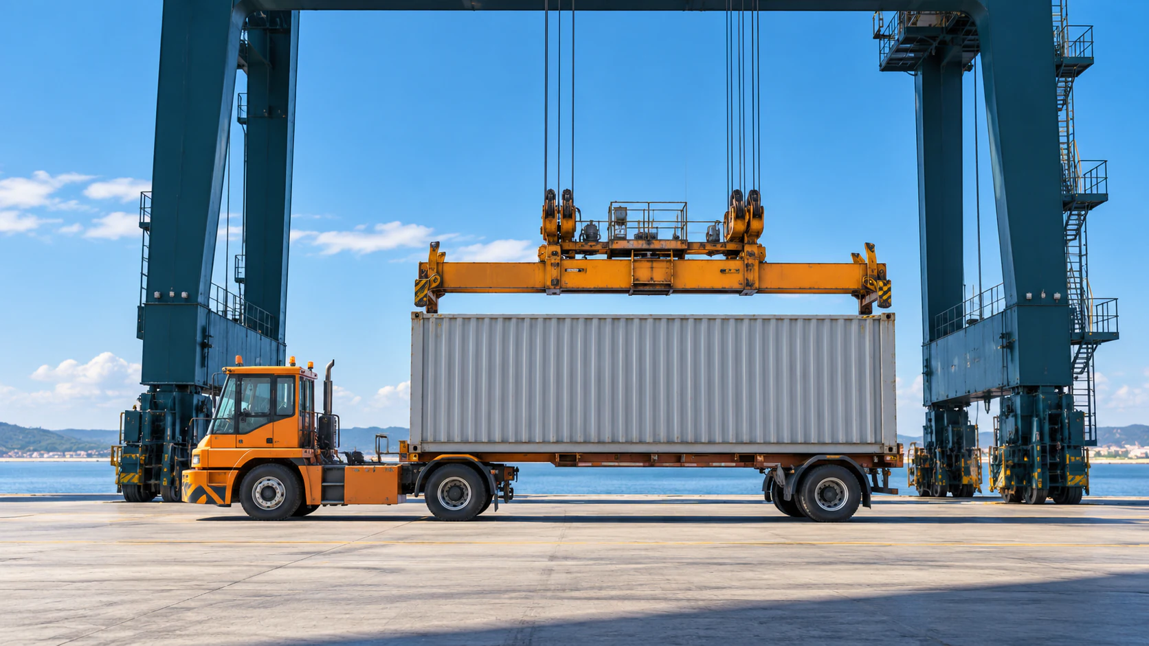 Industrial goods coordinated beneath a container crane at a port