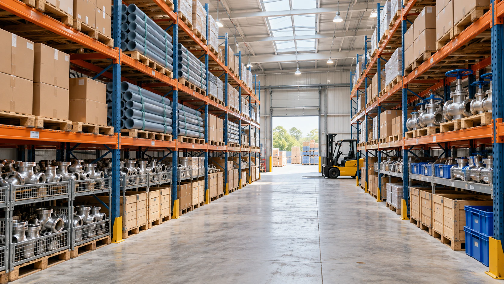 Organized industrial stock inside a modern warehouse